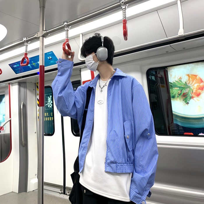 蓝白条纹短款垫肩衬衫男款高级感痞帅3360-P65,男装衬衫,星座1109-4