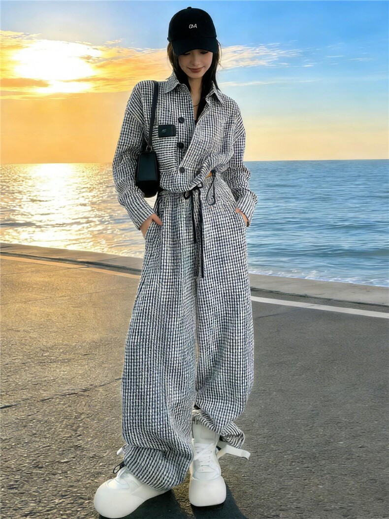 小个子穿搭时尚套装女春季新款洋气减龄立领条纹外套阔腿裤两件套,女装套装/套裙,江南