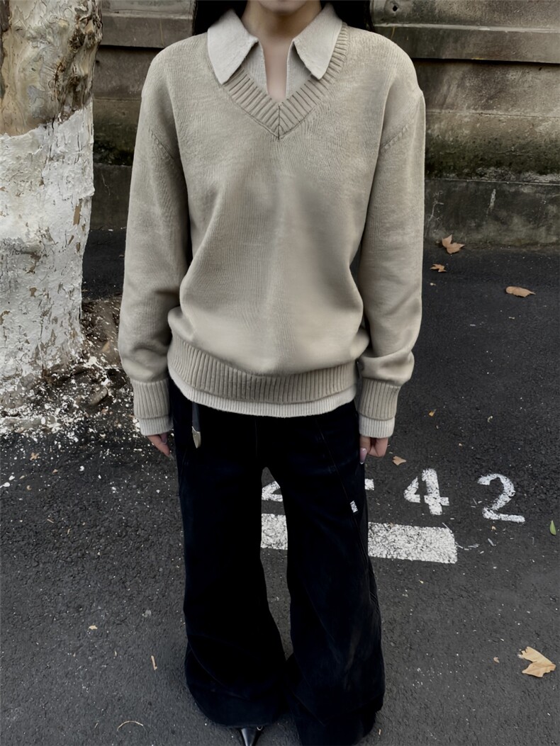 网图现货复古假两件v领翻领毛衣冬季cleanfit针织衫上衣外套P58,男装针织衫/毛衣,电商C306-1