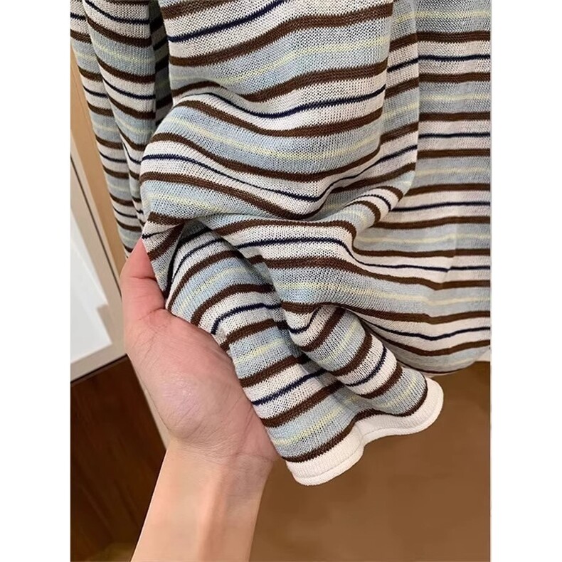 韩系穿搭chic夏日条纹长袖T恤女初秋薄款小个子防晒罩衫撞色上衣,男装T恤,星座506A