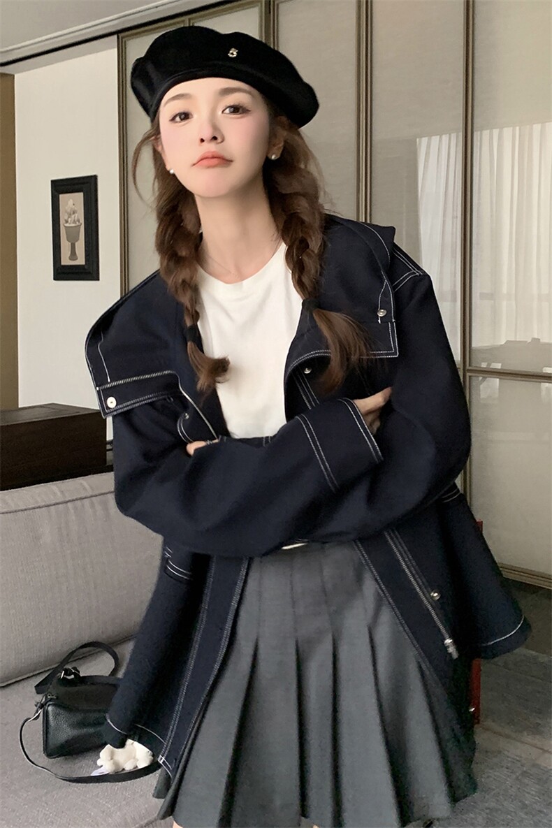 韩版盐系学院风连帽外套女2025春秋季新款宽松显瘦大翻领夹克上衣,女装风衣,2C372