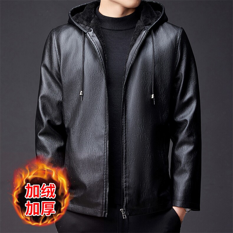 黑色连帽男士皮衣夹克2023秋冬季新款修身加绒帅气加厚外套男款，男装皮衣，电商B212（原钱塘6029）