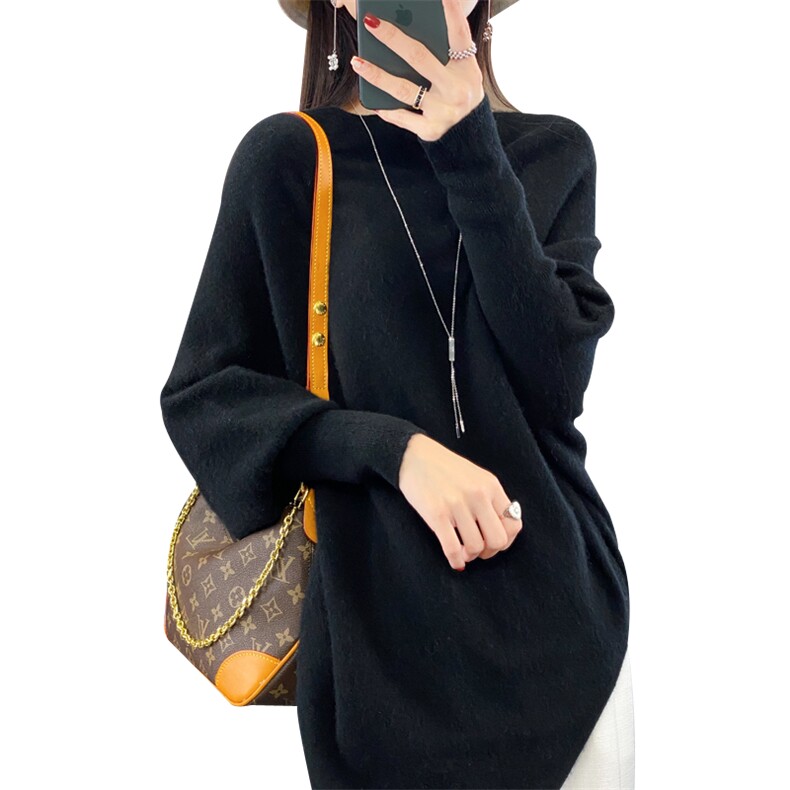 一线成衣女圆领蝙蝠袖宽松慵懒风长袖毛衣纯色羊绒衫,女装羊毛衫,忠诺羊绒