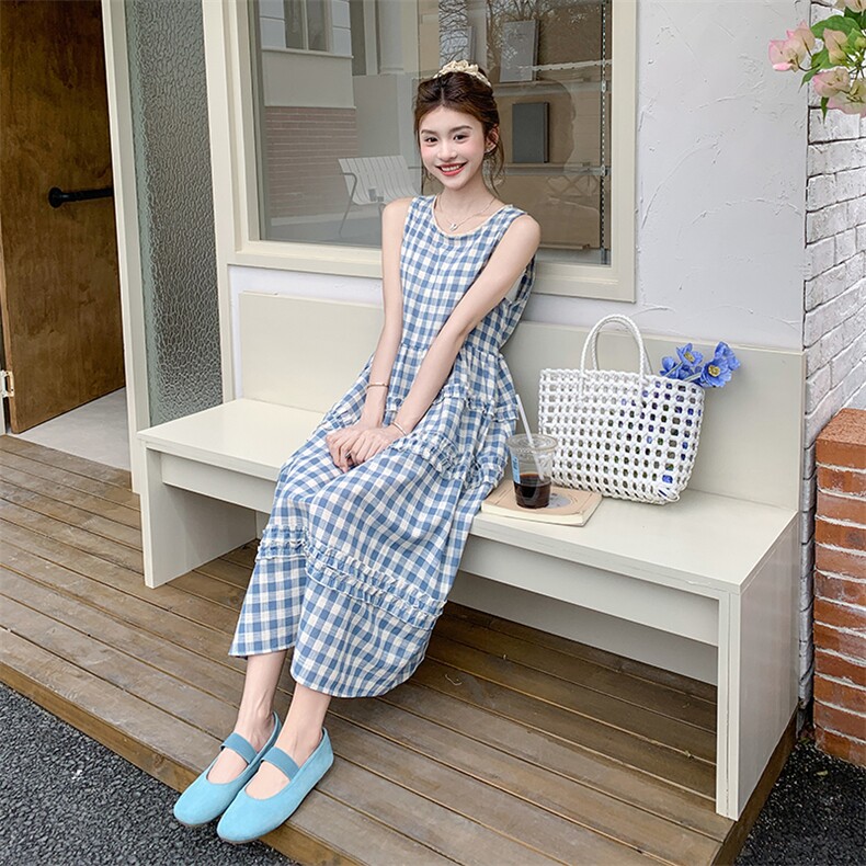 蓝白格撞色木耳边无袖连衣裙女2025夏季新款韩系减龄俏皮漂亮长裙,女装连衣裙,浙宝276（原081）
