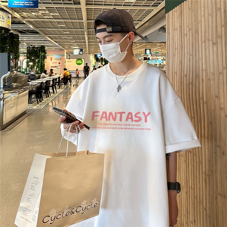 港风23夏季时尚复古百搭宽松字母印花100棉短袖T恤T6091P25控38,男装T恤,电商A268A