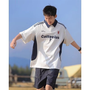 网图现货新款美式撞色条纹重磅足球风T恤男夏季休闲短袖RPL19-P45