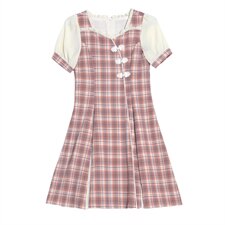 亲子装旗袍！2021夏季新款旗袍改良版复古风亲子格子连衣裙，女装连衣裙，安之芮娜