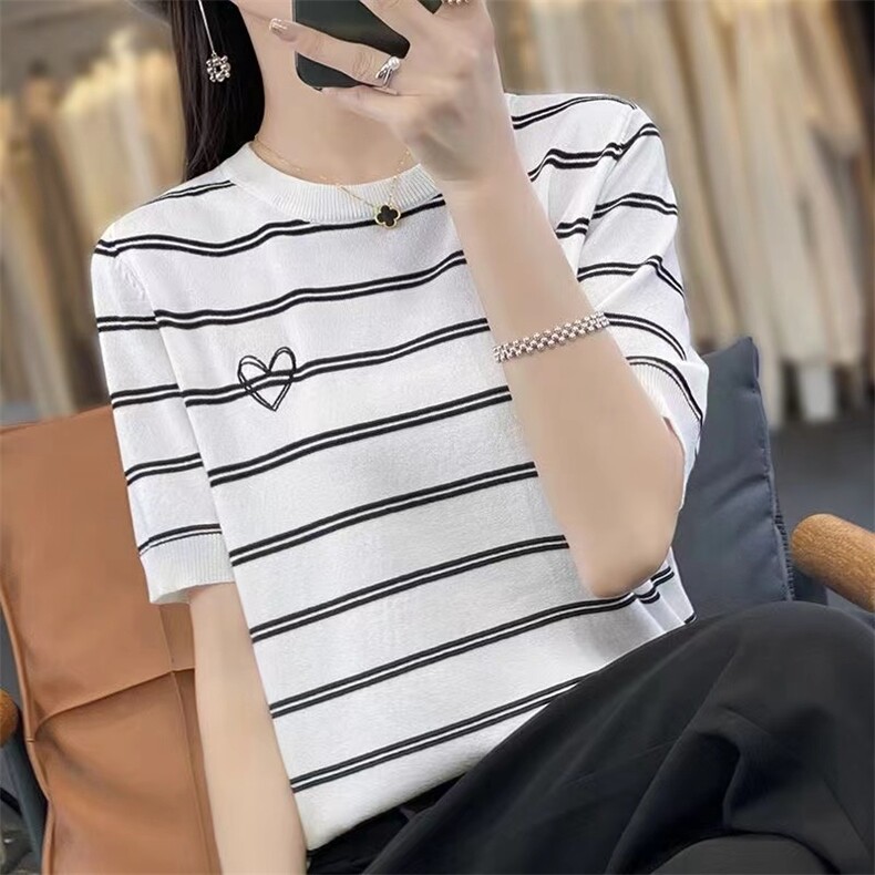 夏季条纹冰丝针织短袖上衣女圆领洋气减龄宽松显瘦T恤半袖上衣潮,针织衫/毛衣,萱芳婷羊绒