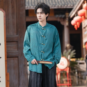 新中式缎面海水江崖（竹福）系列铜竹叶铜扣盘扣立领宽松长袖衬衫图片