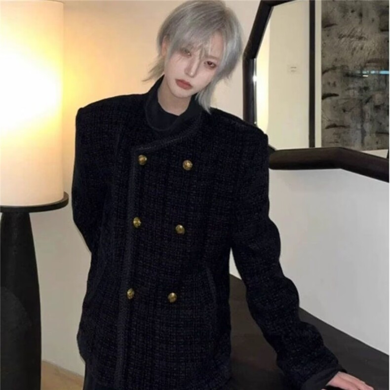 春秋冬季高级感韩版时尚套装短款小香风毛呢西服男士编织法式外套图片