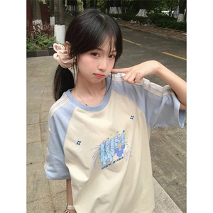 抖音得物品质二开240克宽松纯棉美式潮牌插肩三杠织带短袖T恤图片