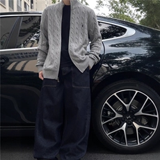 麻花纹小马刺绣开衫毛衣男秋冬季慵懒风针织衫外套高级感正肩线衫，男装针织衫/毛衣，星座603-2