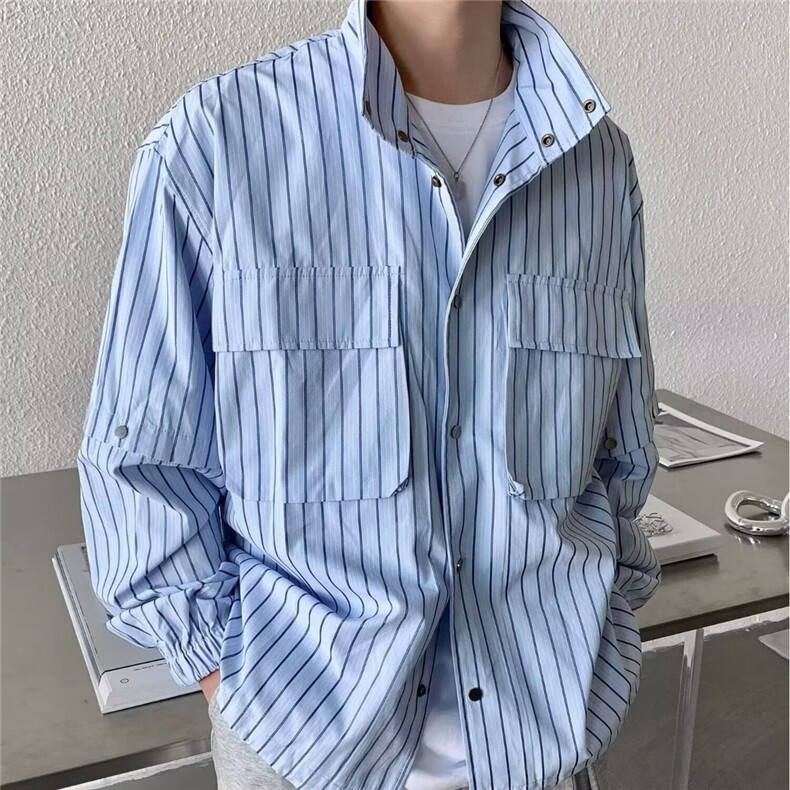 日系浅色条纹衬衫外套男潮流痞帅宽松休闲少年感简约口袋长袖衬衣,男装衬衫,星座506A