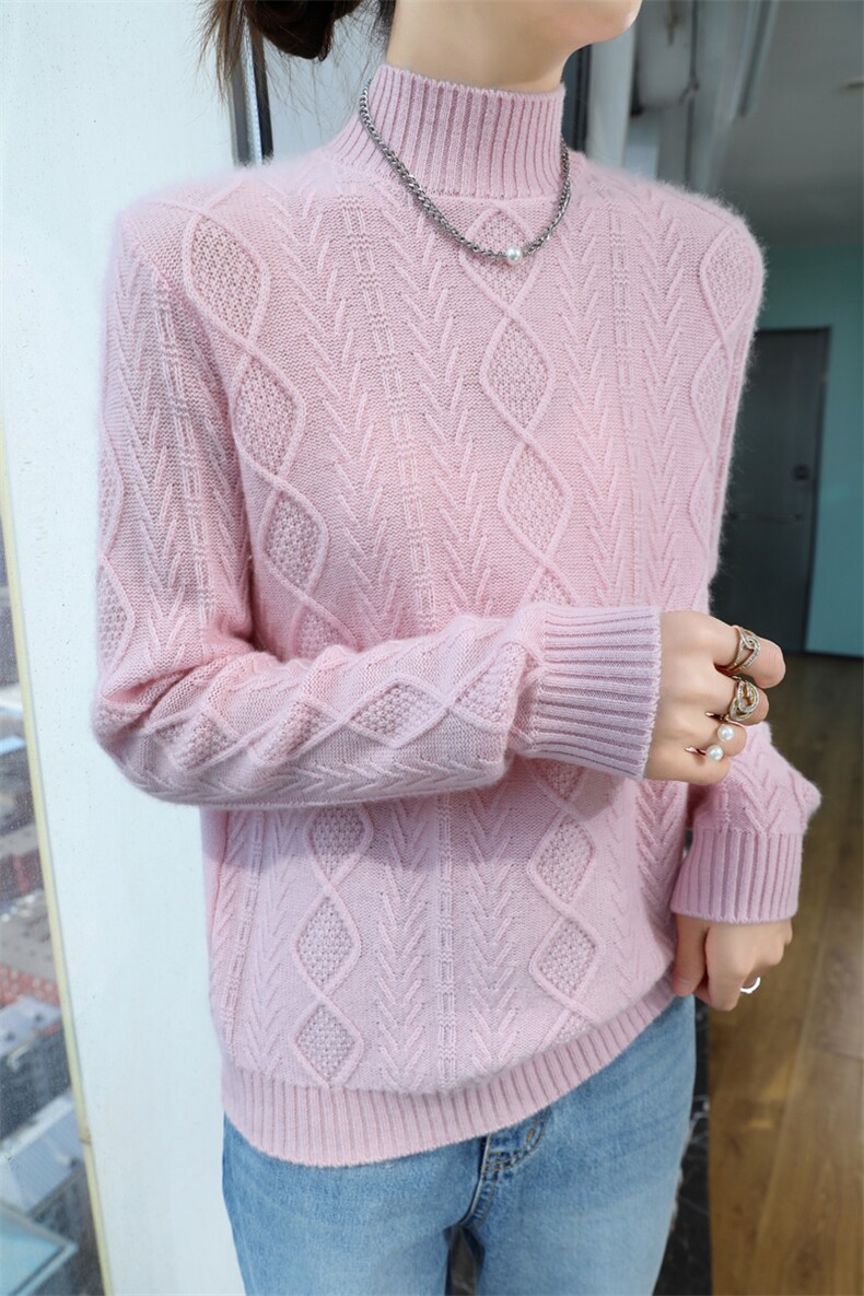 时尚女士七针加厚菱形半高领羊绒衫舒适保暖显瘦毛衣,女装羊绒衫,昭美羊绒