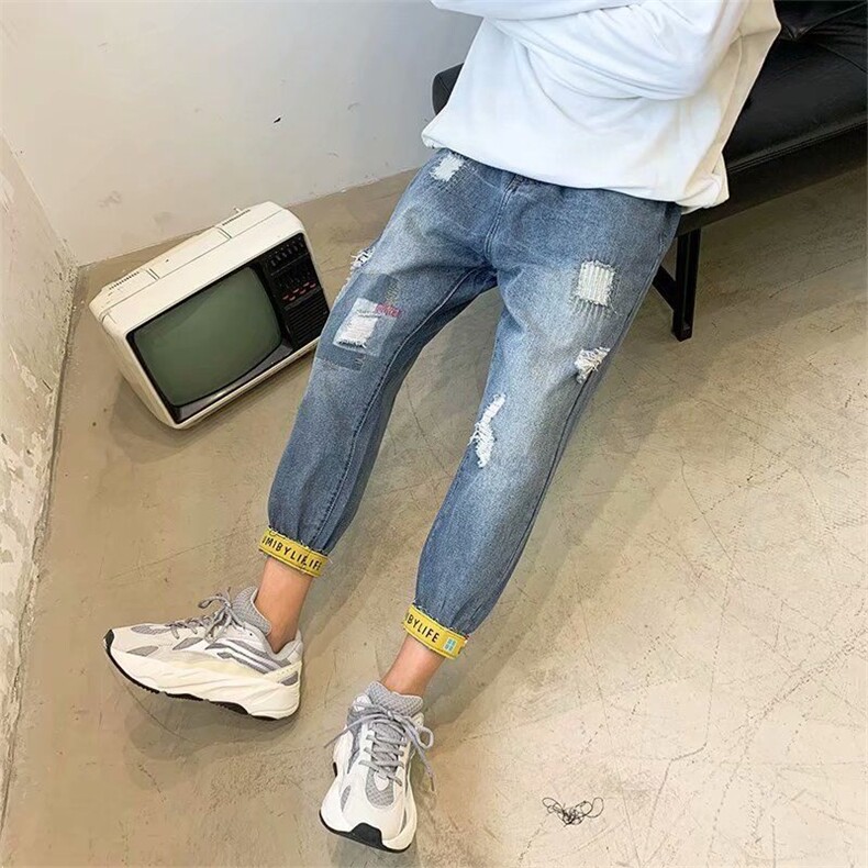 高品质牛仔裤男士港风嘻哈宽松小直筒阔腿裤乞丐破洞潮牌弹力百搭,男装牛仔裤,星座218-1（原230）