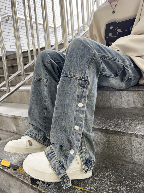 秋款男牛仔裤渐变色侧边开叉单排扣工装大口袋织带长裤NK103P55,男装牛仔裤,星座1013-1