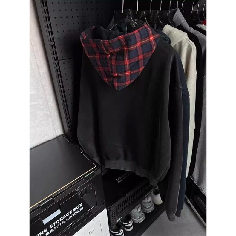 W9604-P70网图现货高品质格子拼接连帽卫衣复古假两件开衫外套,女装短外套,星座1608-2