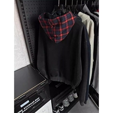 W9604-P70网图现货高品质格子拼接连帽卫衣复古假两件开衫外套，女装短外套，星座1608-2