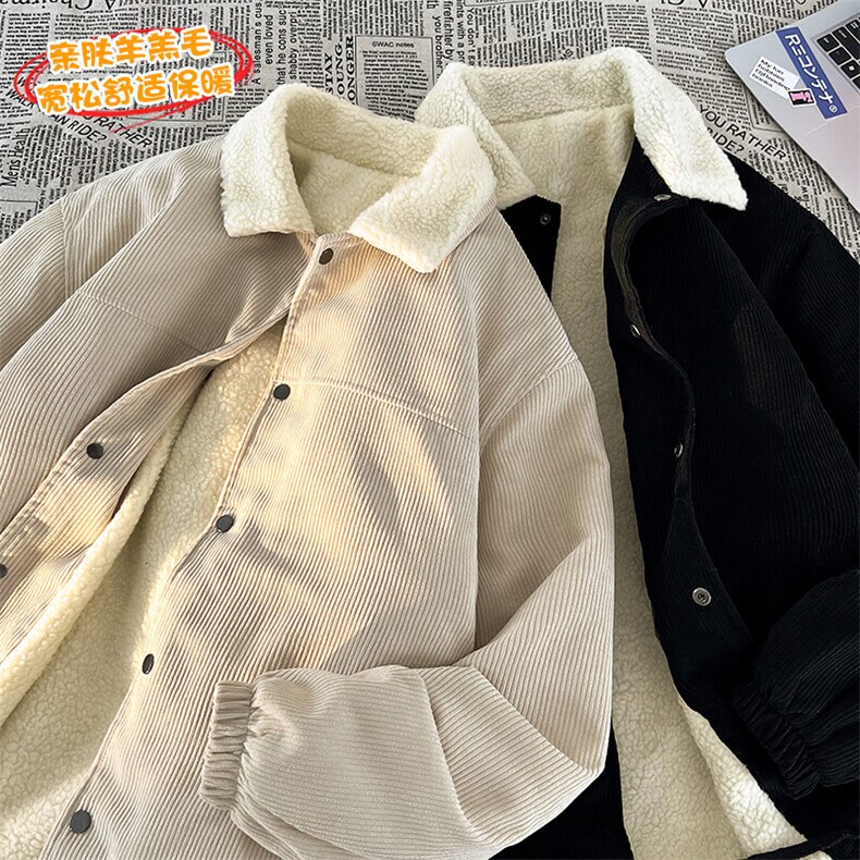 特批78无差价灯芯绒休闲翻领夹克男高级感羊羔毛棉衣大码棉服M82图片