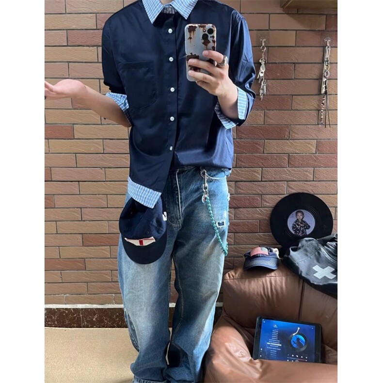 现货蓝色格子拼接翻领长袖上衣情侣款男女假两件衬衫CX03-TP45,男装衬衫,星座910A