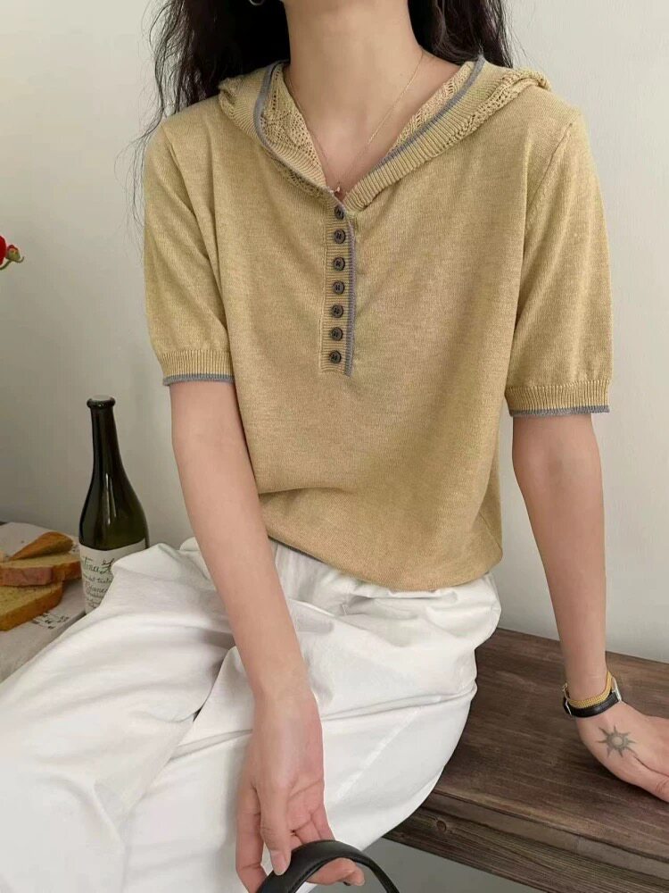 春夏时尚洋气多扣精纺羊毛钩花帽衫,针织衫/毛衣,艾米娇羊绒