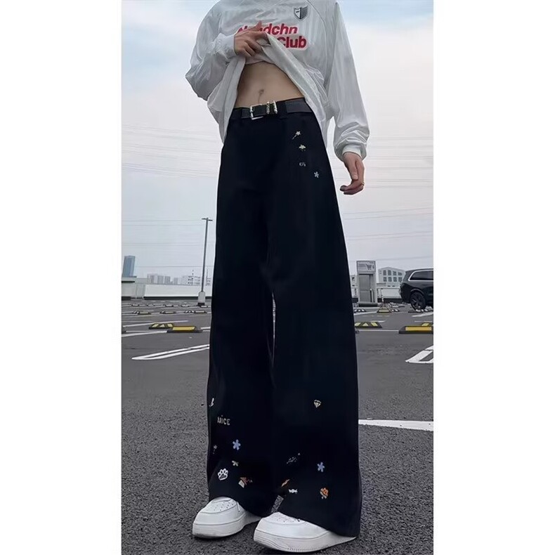 潮牌美式刺绣设计感弯刀牛仔工装裤男女复古宽松阔腿裤L30733-P55,男装工装外套,星座1008