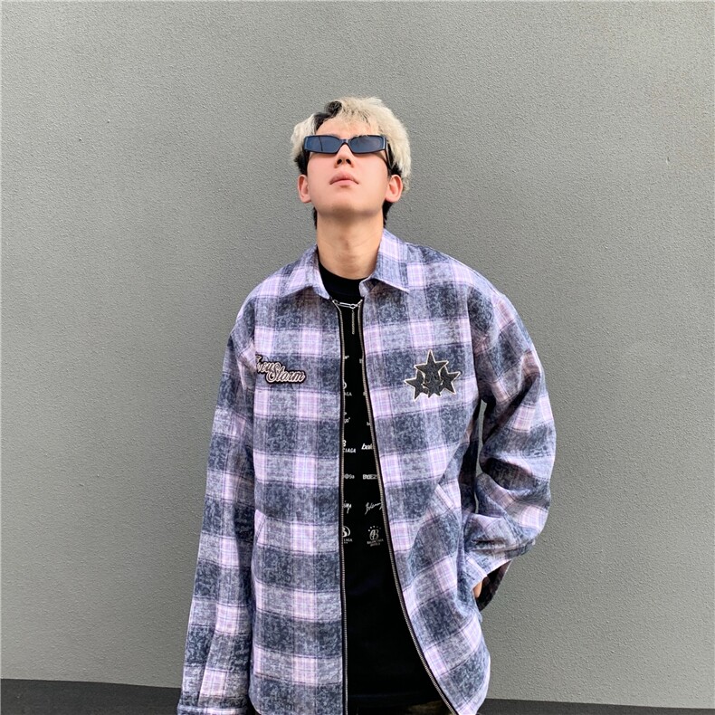 格子星星刺绣夹克男女春秋季设计潮宽松小众拉链上衣外套JK8545,男装夹克,星座516A