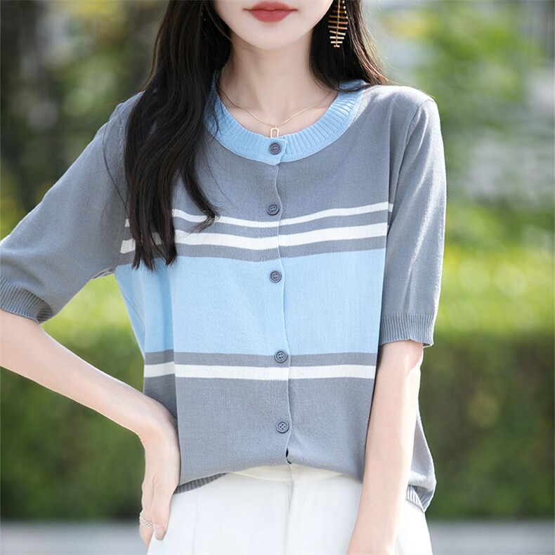 夏季新款时尚气质条纹圆领开衫女修身显瘦百搭休闲上衣,针织衫/毛衣,萱芳婷羊绒