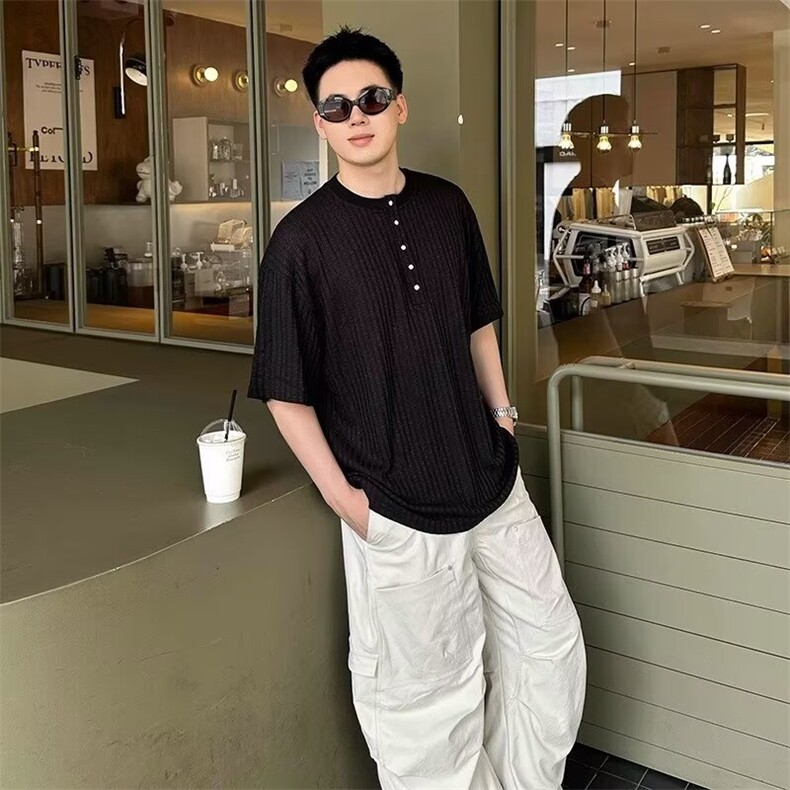 2025夏季美式肌理感亨利领T恤休闲宽松百搭薄款透气短袖男,男装T恤,星座1210-1