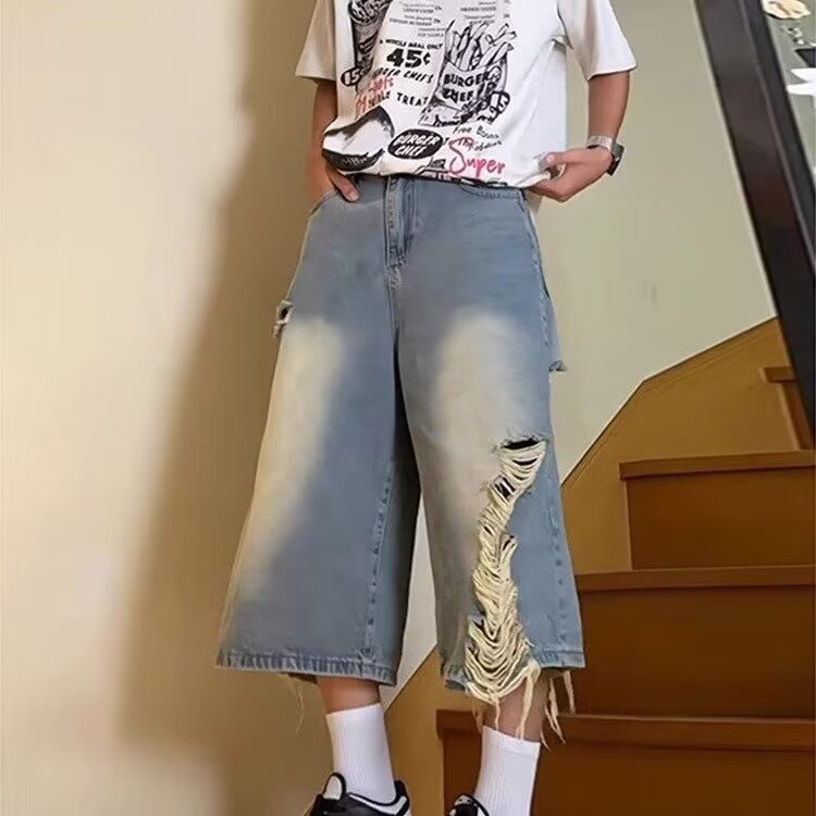 复古水洗做旧破洞磨毛七分牛仔短裤夏季男女宽松阔腿百搭休闲中裤,男装牛仔裤,星座506A