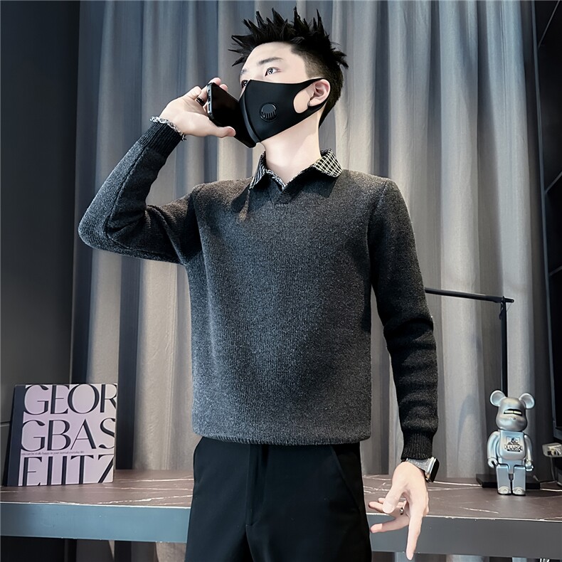 衬衫领毛衣男加绒一体绒假两件拼接社会小伙301C-M121-P88控118,男装针织衫/毛衣,星座301C（原B323）