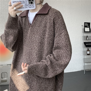 现货MY7153-特P65高密老钱风小翻领毛衣男女宽松polo领大码针织衫图片