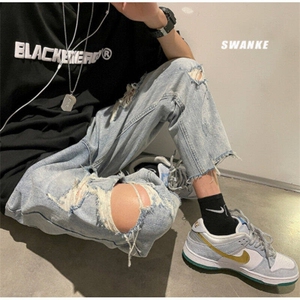破洞做旧潮牌高街直筒九分美式街头夏季hiphop牛仔裤薄LE0200-P40图片