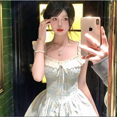 法式复古小飞袖花边拼接碎花连衣裙收腰显瘦A字蓬蓬公主裙，女装连衣裙，星座1210-1