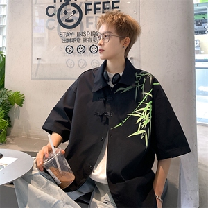 2026夏装潮男新中式印花盘扣短袖五分袖衬衫 CS780/特P35 黑色2图片