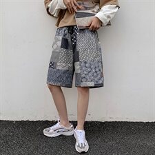 【】A003-HK7152-P40夏装新款补丁接拼碎花短裤港风女模1，男装休闲裤，电商A003