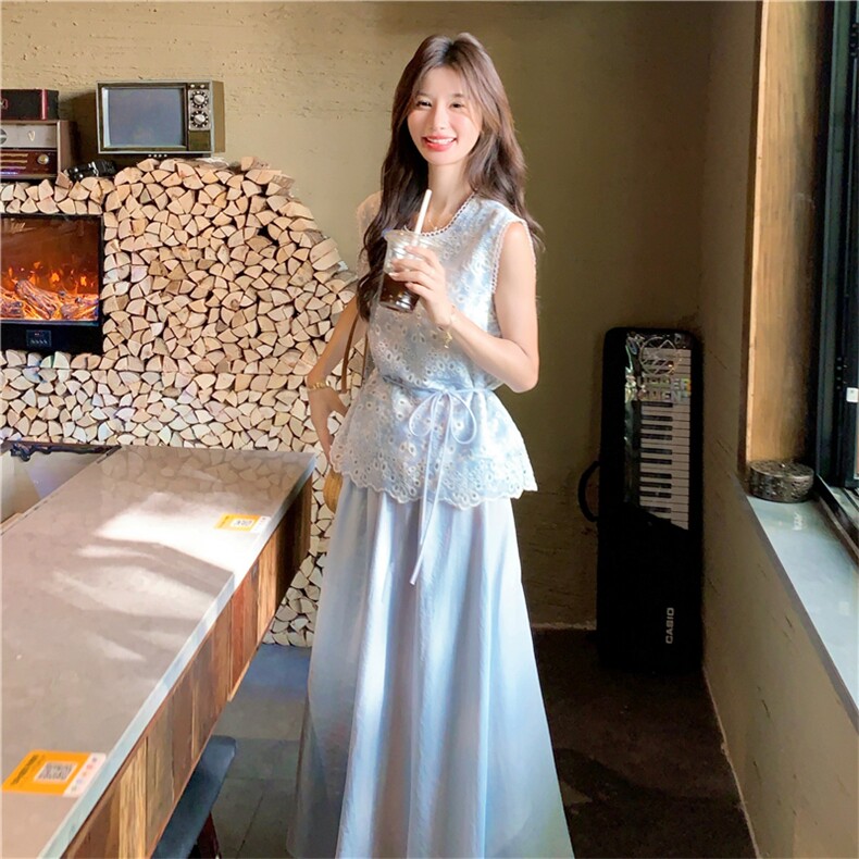 法式温柔风刺绣无袖上衣半身裙两件套女2025夏季新款今年流行气质,女装套装/套裙,2C118
