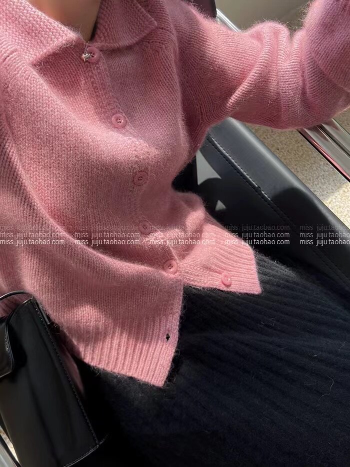 乳白色拼接翻领毛衣外套秋冬韩系慵懒宽松开衫外穿上衣,针织衫/毛衣,半城羊绒