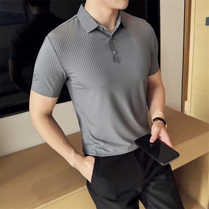 短袖polo衫男新款夏季修身肌肉轻熟商务休闲韩版竖条纹坑条t恤ins图片