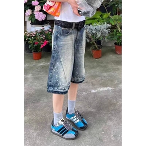 网络图 美式复古泼墨直筒牛仔五分短裤男夏季新款宽松阔腿中裤潮图片