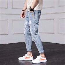 2021刺绣九分牛仔裤男破洞小脚裤修身青年个性潮流男裤，男装牛仔裤，星座1006