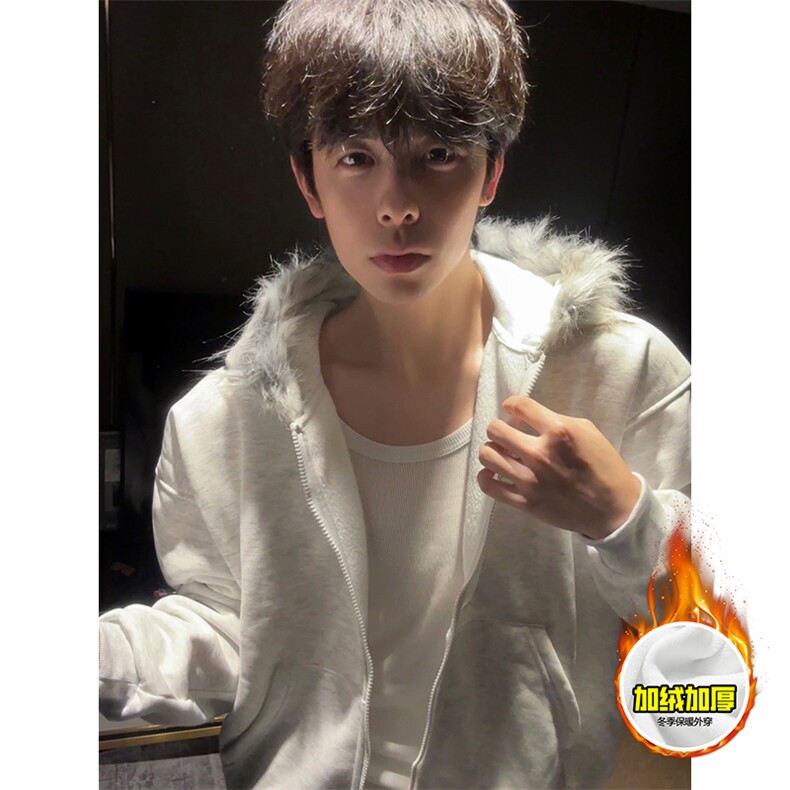 480G重磅加绒硬挺boxy秋冬美式高街超大毛领座山雕连帽卫衣厚外套，女装短外套，电商A486-1