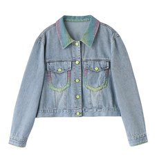 促销2025春季时髦休闲潮流气质宽松百搭彩色翻领单排扣牛仔短外套，女装牛仔外套，蝶眷