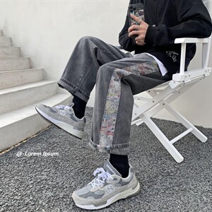 牛仔裤男宽松拼色日系港风高街裤子潮牌百搭坠感直筒裤G3015-P40图片