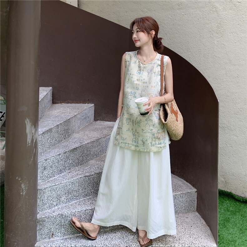 新中式国风印花开叉背心阔腿裤套装女2025夏新款高级感休闲两件套，女装套装/套裙，维壹