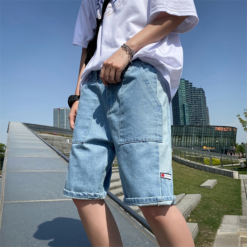 夏款男短裤牛仔五分裤工装大口袋小贴标拼接马裤D图片