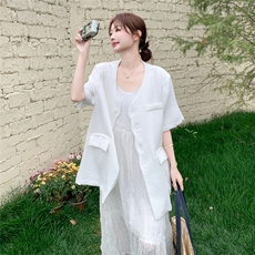 设计感轻薄V领西装上衣半身裙两件套女夏季2025新款简约宽松套装，女装套装/套裙，2C113