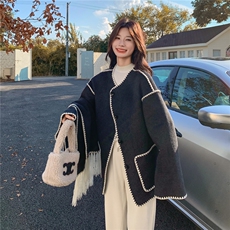 黑色流苏围巾双面呢外套女冬季2025新款韩系高级感小个子呢子大衣，女装羊绒大衣，2D078