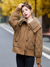 现货主推~短款大翻领洋气羽绒服2024新款女装休闲百搭外套，女装羽绒服，半夏