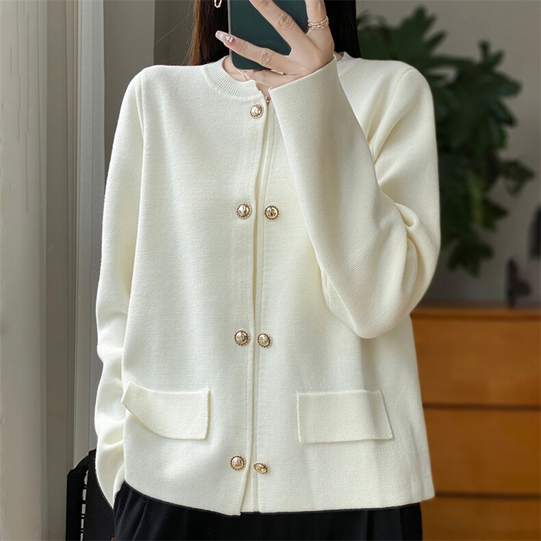 精纺羊毛开衫女圆领纯色长袖毛衣西装外套春秋新款宽松针织上衣，女装短外套，朝贺羊绒